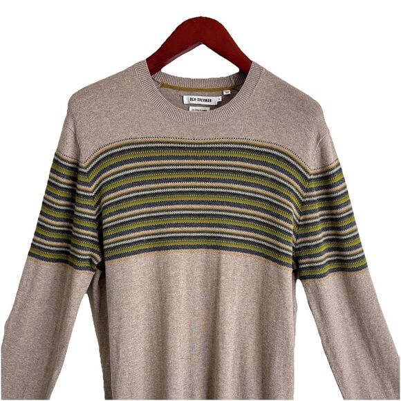 Ben Sherman XL Sweater Tan Brown Stripe Crewneck Cotton Cashmere Pullover Mens - Picture 1 of 9